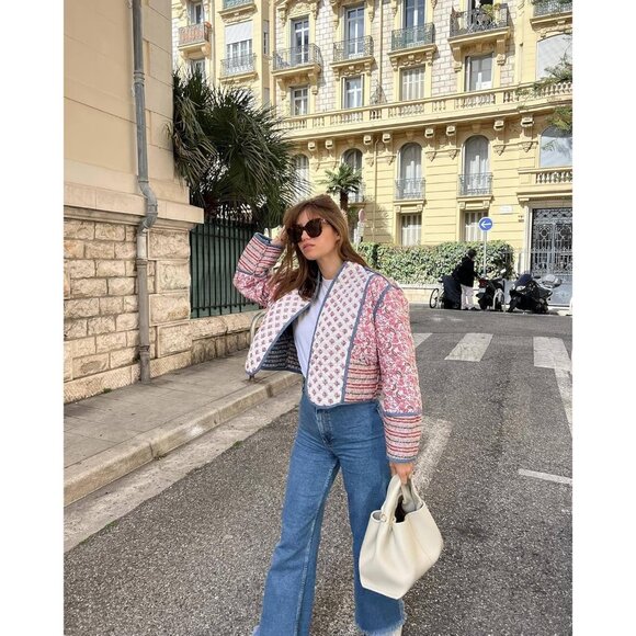 Women’s Pink Cropped Puffer Jacket Floral Printed Quilted Lightweight Coat - Picture 2 of 6